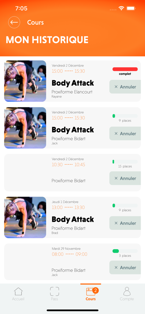 A screenshot of the easyGym Fitness app showing the user's booking history for fitness classes like Body Attack.