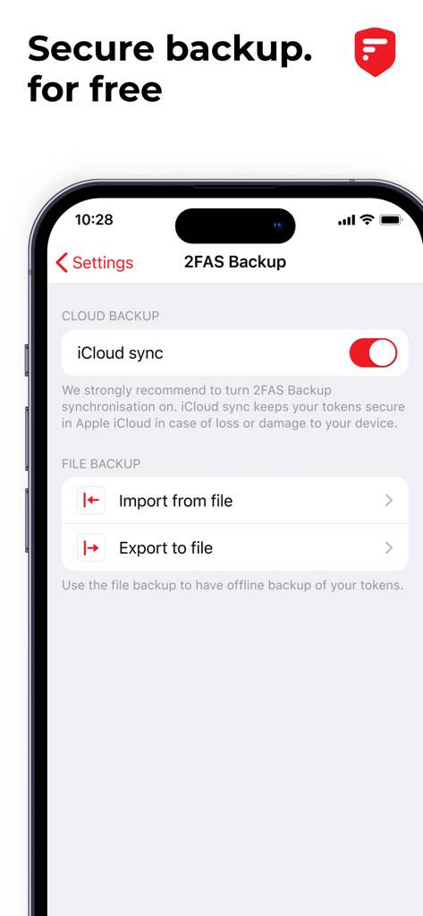 2FA Authenticator (2FAS) - 보안 iCloud 동기화 및 파일 백업 옵션을 위한 2FAS 앱 인터페이스