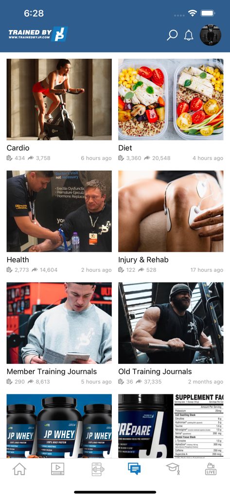 TrainedByJP - TrainedByJP app interface showing categories for cardio diet health and training journals