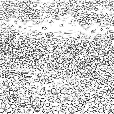 Explore a serene landscape overflowing with delicate cherry blossom petals, creating an immersive scene for your coloring adventure. This intricate design offers endless opportunities for vibrant creativity, perfect for adults and teens.