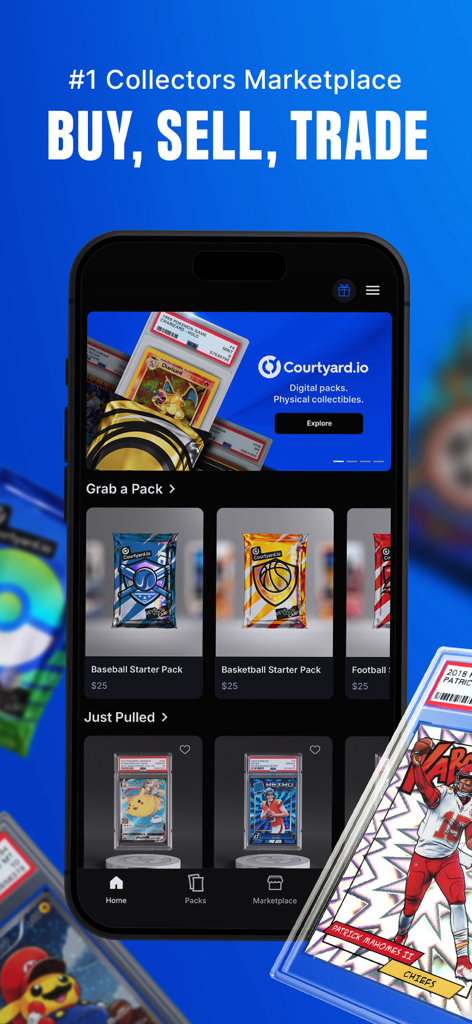 The home screen of the Courtyard Trading Cards app showing digital packs and a marketplace for collectibles
