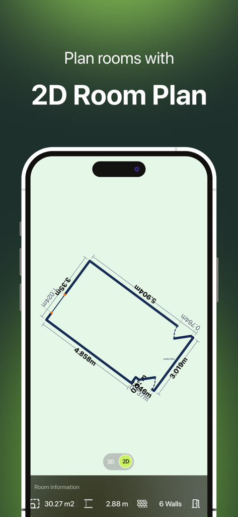 Bubble Level for iPhone - 壁の測定値付きの2D部屋プランレイアウトを示すスマートフォンの画面