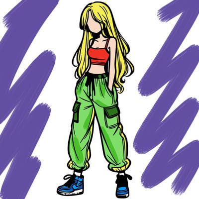 girl in baggy pants crop top and long hair