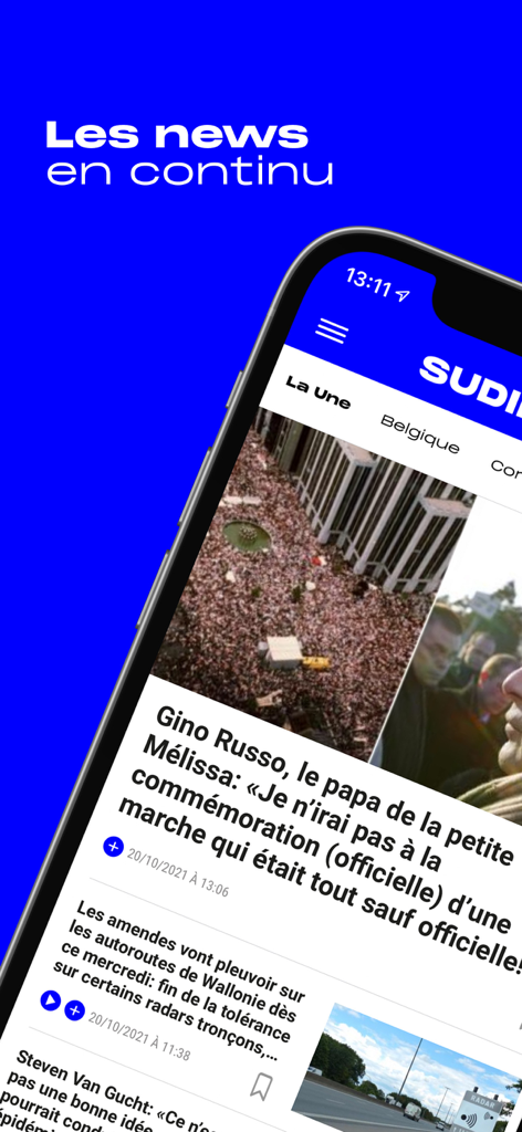 Screenshot der Sudinfo-Nachrichten-App auf dem Handy, der aktuelle Nachrichtenartikel und Kategorien auf Französisch auf blauem Hintergrund zeigt.