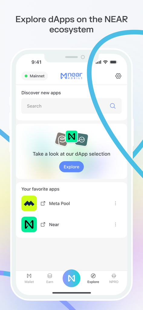 NEAR Mobile app screen showing a search bar and a list of decentralized applications in the ecosystem
