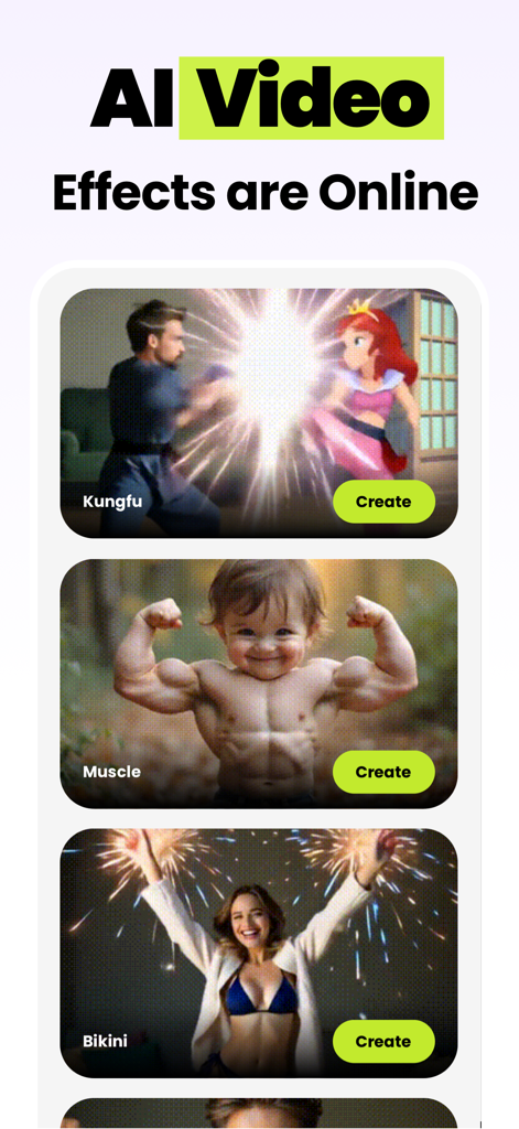 Grack AI : AI Photo Generator - Grack AI app screen displaying AI video effects options including kung fu and muscle transformations with create buttons