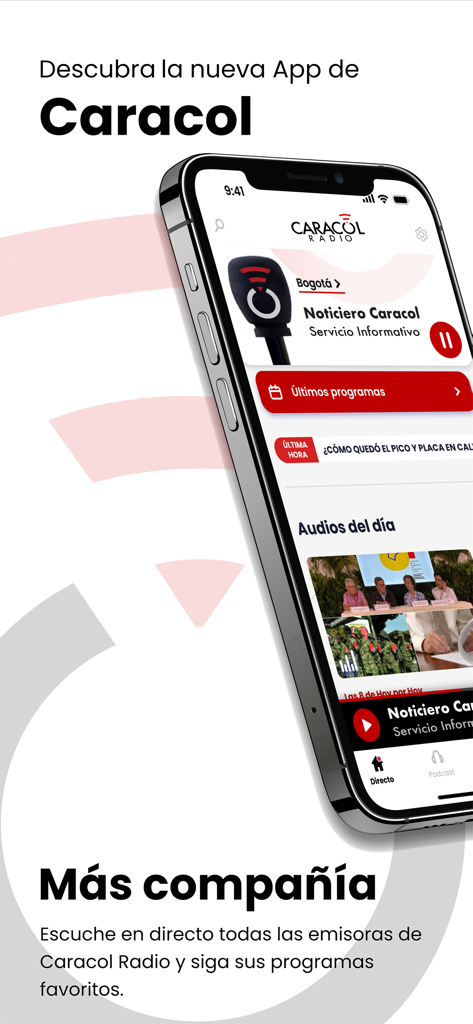 Caracol Radio - Smartphone mostrando la interfaz de la aplicación Caracol Radio con transmisiones en vivo y noticias de Colombia.