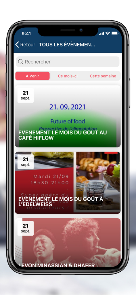 Mobile screen of the Geneve en poche app showing a list of upcoming cultural and culinary events in Geneva Switzerland