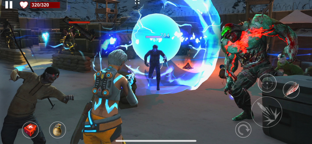 Una perspectiva en tercera persona de un personaje futurista luchando contra un jefe zombi mutado gigante en un entorno de apocalipsis nevado.