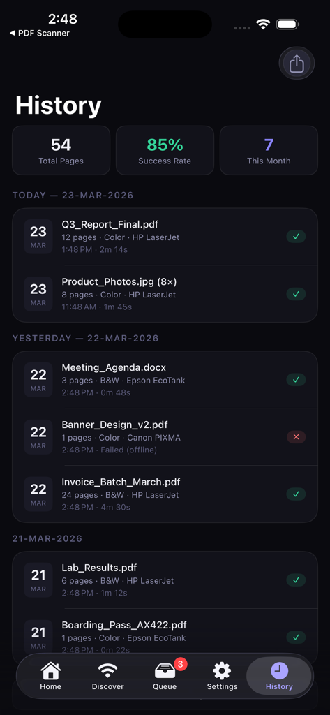 HP Smart Printer App : AiPrint - 印刷履歴と総印刷ページ数および成功率の統計を表示するモバイルアプリインターフェイス。