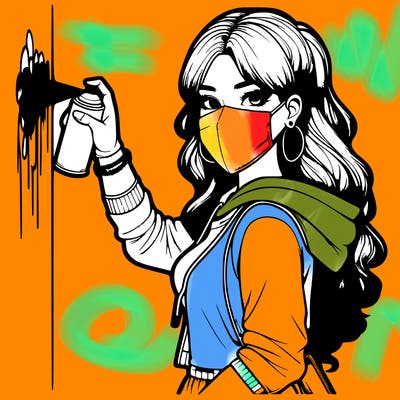 realistic girl with mask spray painting a wall