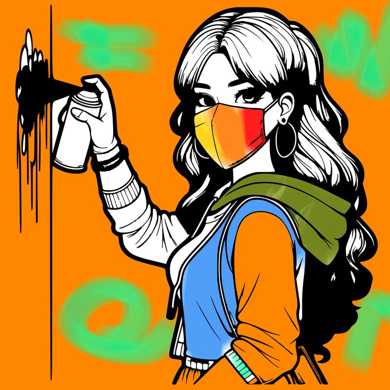 realistic girl with mask spray painting a wall