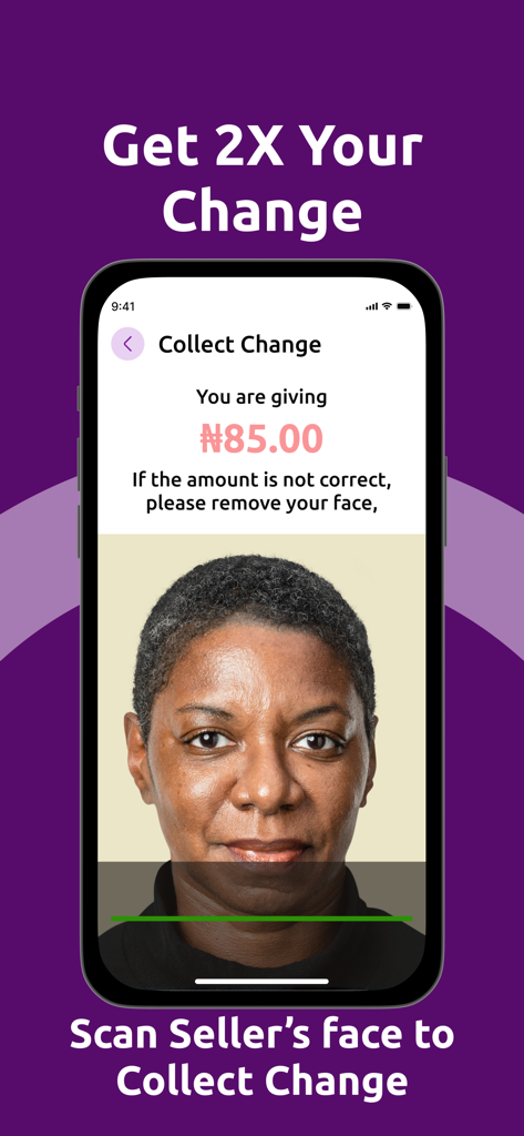 FaceCard app interface showing a facial scan to collect digital change from a seller