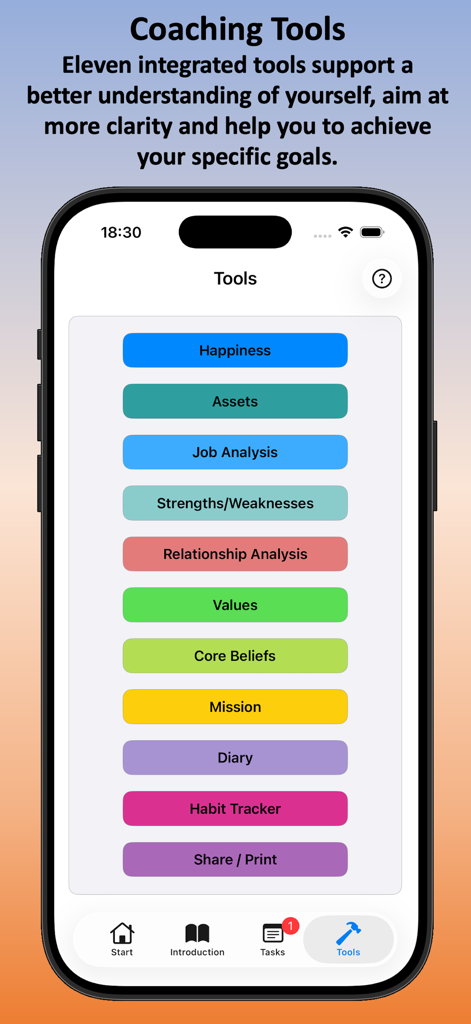Life-Improver - Selfcoaching - 仕事分析、習慣トラッカー、コアビリーフを含む11の統合自己コーチングツールを示すモバイル画面