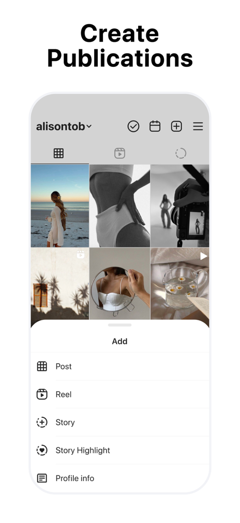 My Feed・Grid Preview & Planner - Mobile app screen showing the create publications menu for an Instagram grid planner