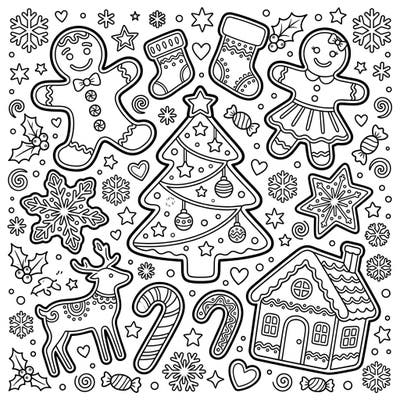 Dive into a world of holiday sweetness with this charming gingerbread cookie coloring page. Featuring an array of festive treats and decorations, it's perfect for all ages to enjoy.