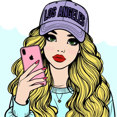 realistic beautiful girl wearing los ángeles cap holding an iphone