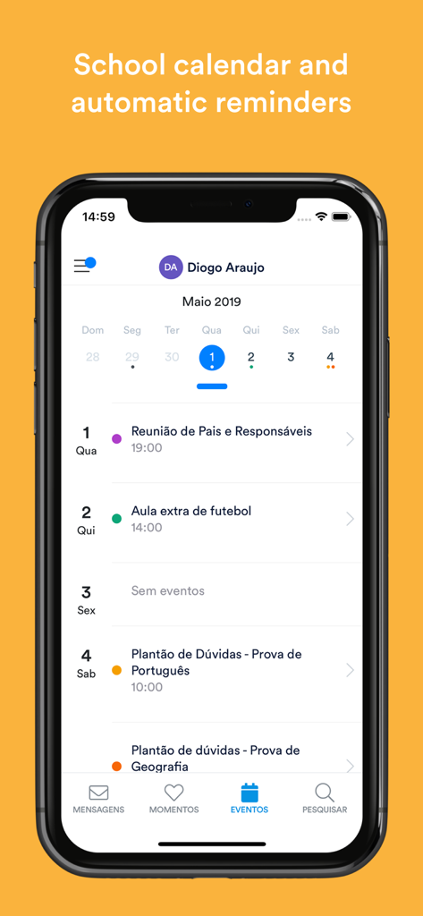 ClassApp mobile screen showing a school calendar with scheduled events and automatic reminders