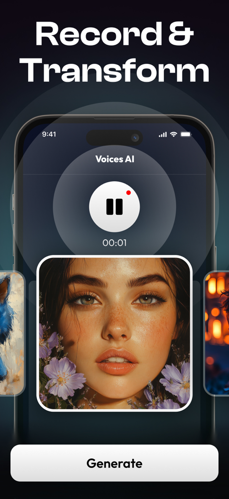 Interfaz de la aplicación que muestra una pantalla de grabación de voz con una función de grabar y transformar