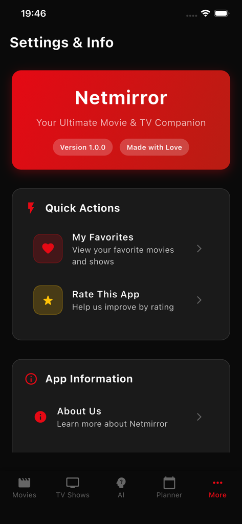 NetMirror : TV Shows & Movies - The settings and info page of the NetMirror app featuring quick actions and app information in a dark cinematic theme.
