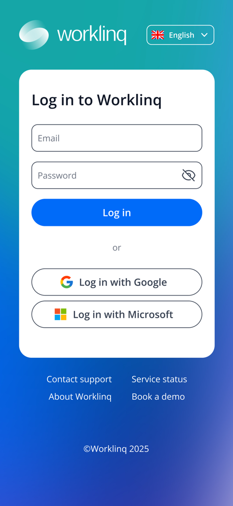 Worklinq login screen showing email password and social sign in options