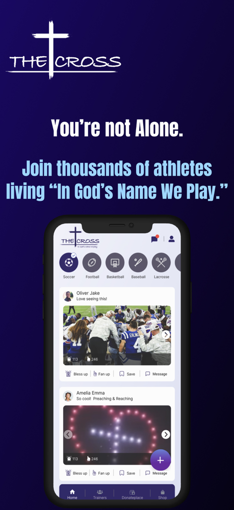기독교 운동선수를 위한 커뮤니티를 보여주는 The Cross App 홈 피드 인터페이스