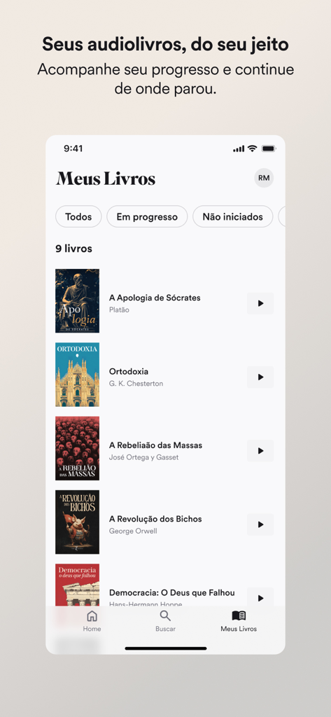 The Teller app library interface showing classic audiobooks from philosophers and authors like Plato and George Orwell