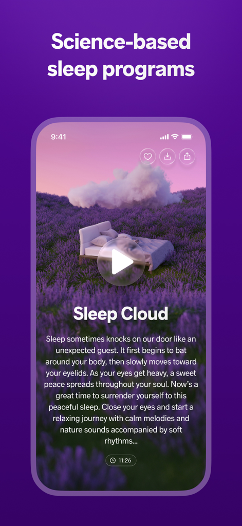 '과학 기반 수면 프로그램'이라는 제목 아래 라벤더 밭의 침대 이미지가 포함된 Sleep Cloud 명상 프로그램을 보여주는 Meditopia 앱 화면.