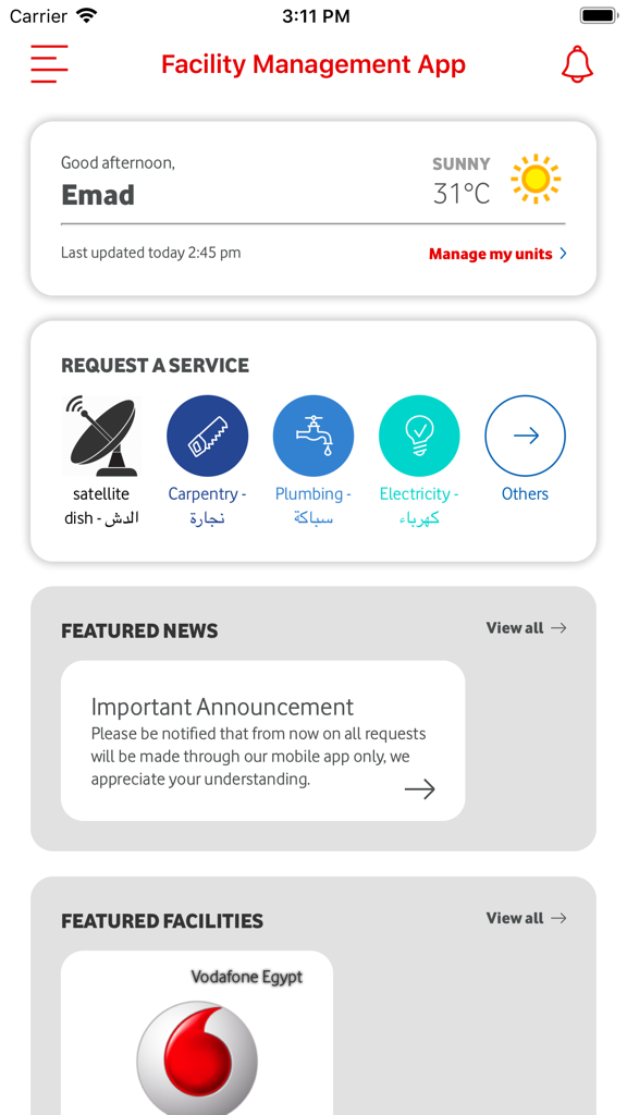 Dashboard der Facility Management App mit Optionen für Serviceanfragen und den neuesten Nachrichten