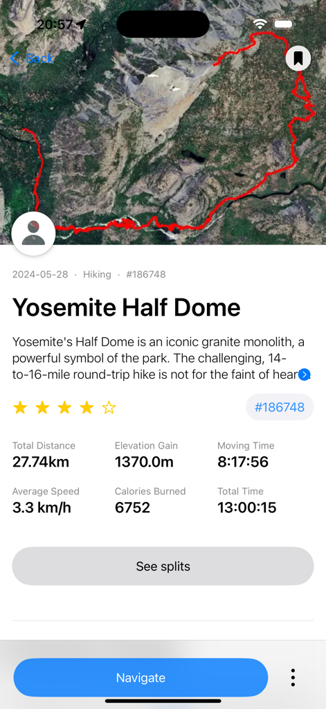 Hikely - Hike, Bike, Run - Captura de pantalla de la aplicación Hikely que muestra estadísticas detalladas y mapa de ruta para una caminata en Yosemite Half Dome