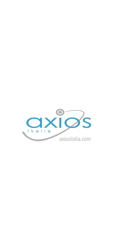 Axios Italia app splash screen featuring the corporate logo and website address on a clean white background.