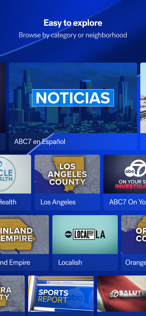 ABC7 Los Angeles - ABC7 Los Angeles app explore screen showing news categories like ABC7 en Espanol and local neighborhood news