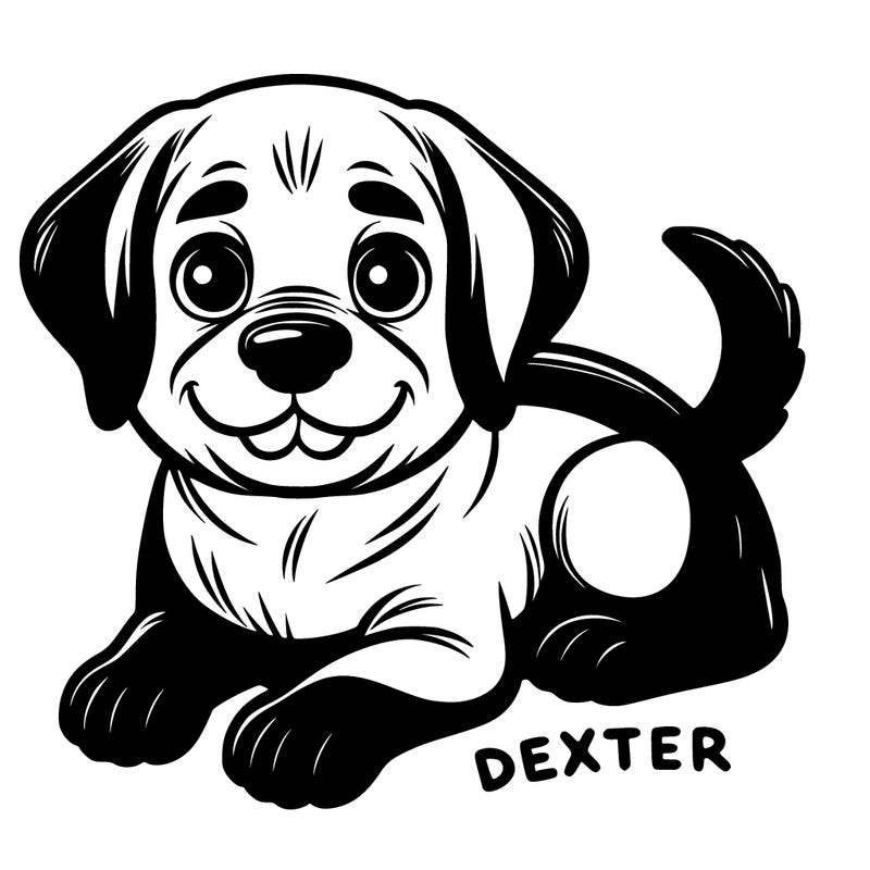 cute realistic black labrador dog with name dexter