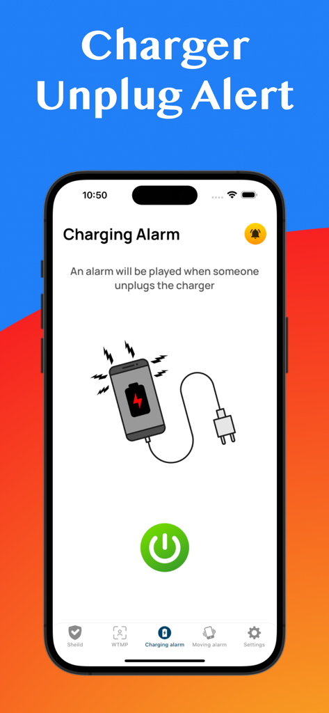 WTMP | Who Touched My Phone? - WTMP app charging alarm interface showing the charger unplug alert feature