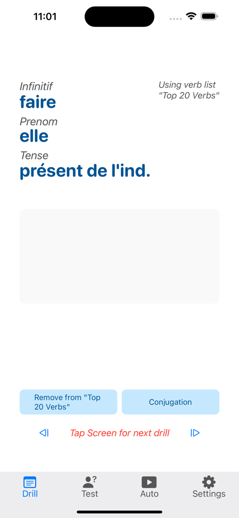 Verbes - French Verb Trainer - Capture d'écran de l'application Verbes montrant un exercice de conjugaison du verbe français faire au présent.