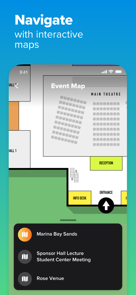 PINE Events - Interface of the PINE Events app displaying an interactive indoor map for a conference venue including theatre and reception locations