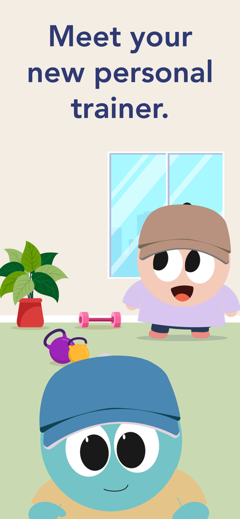 Lindos personajes de dibujos animados en un gimnasio con el texto Conoce a tu nuevo entrenador personal.