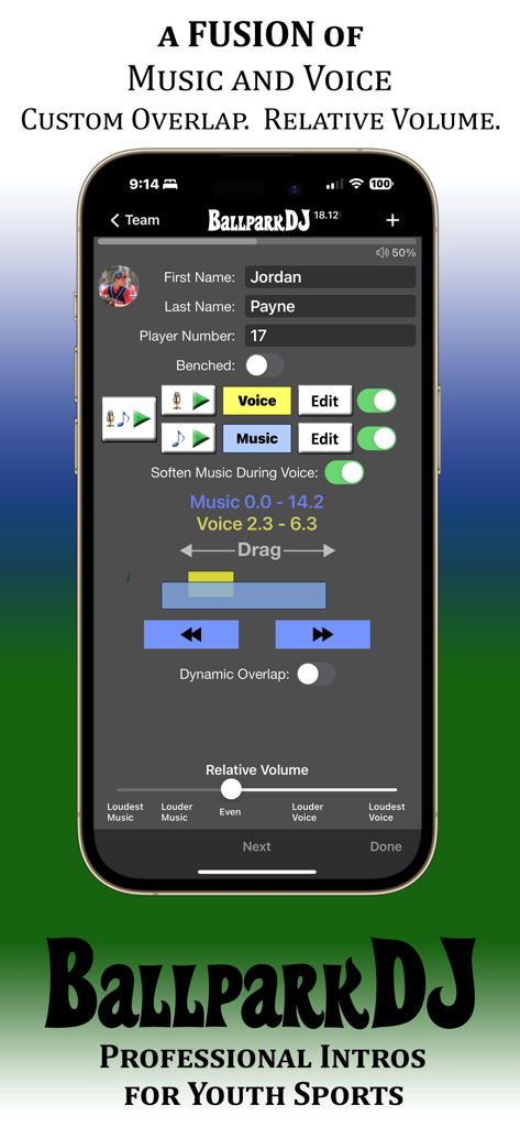 BallparkDJ app screen showing audio editing controls for mixing music and voice in youth sports introductions.
