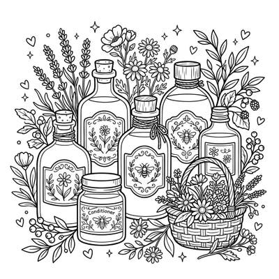 Immerse yourself in the serene beauty of the countryside with this delightful Cottagecore conditioner coloring page. Discover a charming array of natural haircare bottles surrounded by blooming flowers and fragrant herbs, perfect for a peaceful coloring experience.