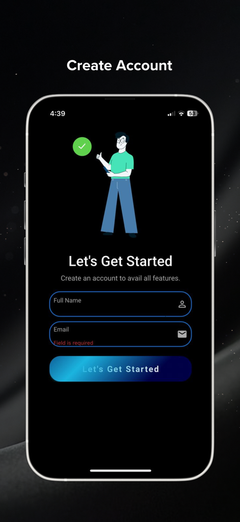 Écran de création de compte MobiArmour avec des champs de saisie pour le nom et l'e-mail
