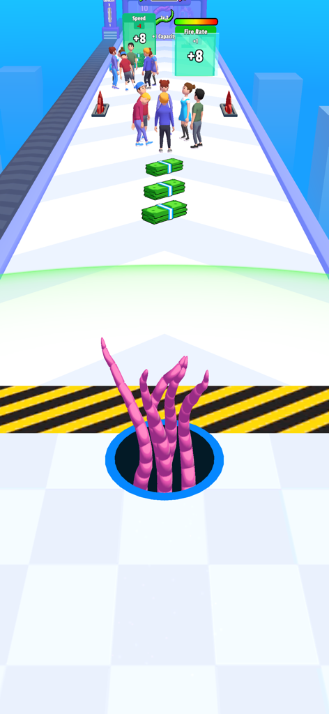 Alien Hole : Black Hole Games - Gameplay screenshot of Alien Hole showing a hole with pink tentacles collecting money and moving towards speed boosters on a track.