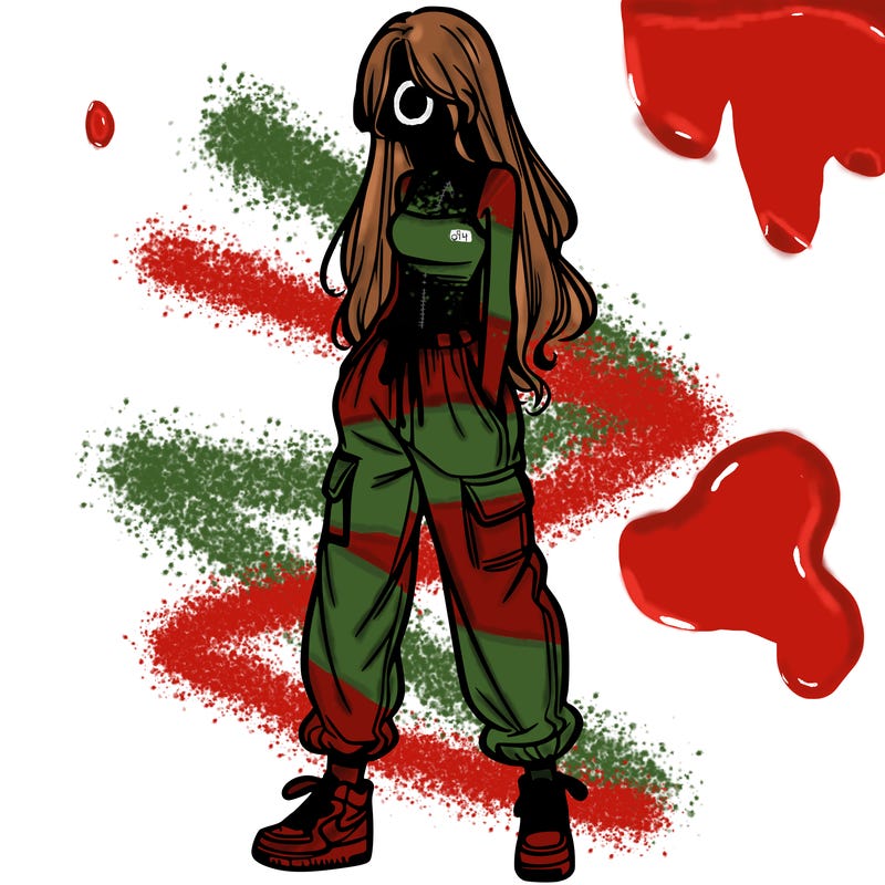 girl in baggy pants crop top and long hair