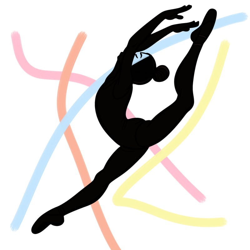 gymnast doing a leap in a leotard with a bent back leg