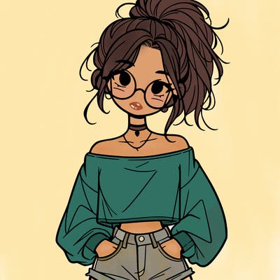 girl with a messy ponytail glasses a baggy crop top and jean shorts
