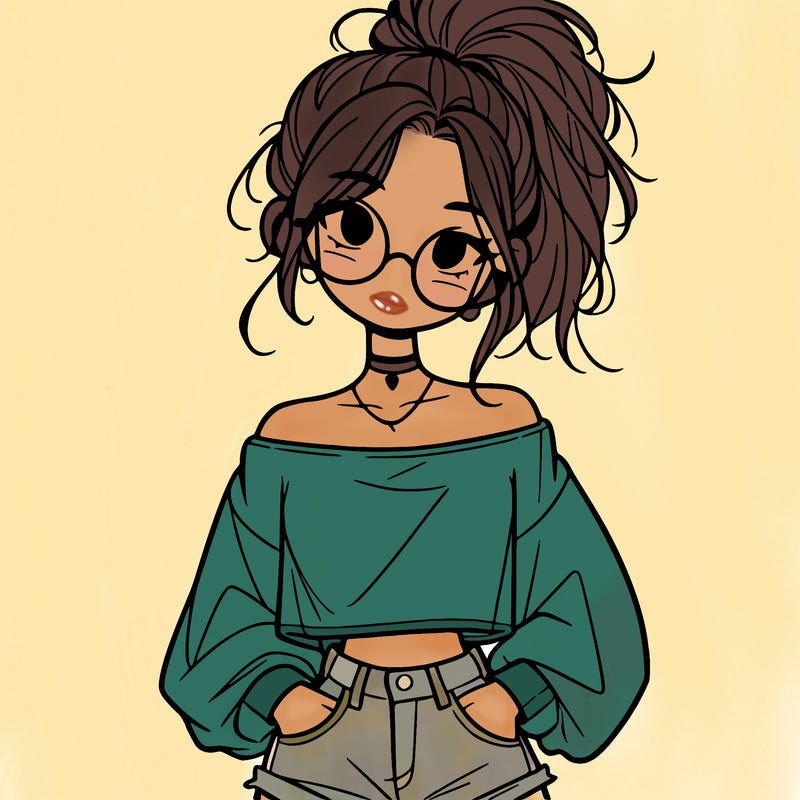 girl with a messy ponytail glasses a baggy crop top and jean shorts