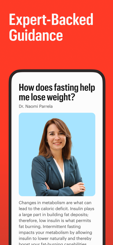 Zero: Fasting & Food Tracker - Guía científica sobre ayuno y pérdida de peso por la Dra. Naomi Parrela en la aplicación Zero