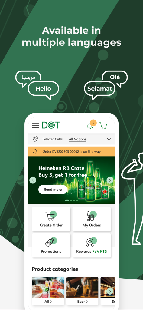 Interfaz de la aplicación Heineken B2B DOT mostrando soporte multilingüe y funciones de pedidos para negocios
