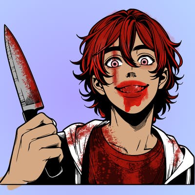 teenage realistic guy with long ish hair holding a knife and has a big grin