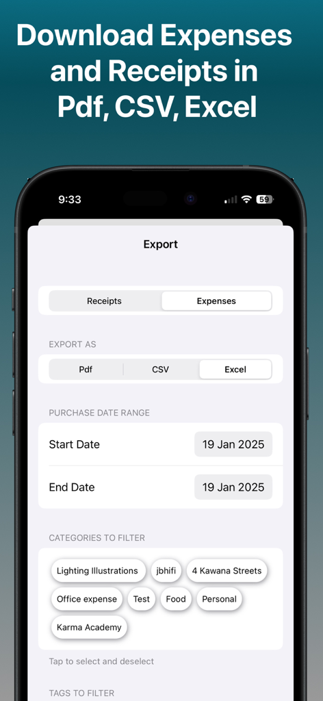 Smart Scan Receipts: Receiptly - Interfaz de la aplicación Receiptly que muestra opciones de exportación de recibos y gastos en formatos PDF, CSV y Excel