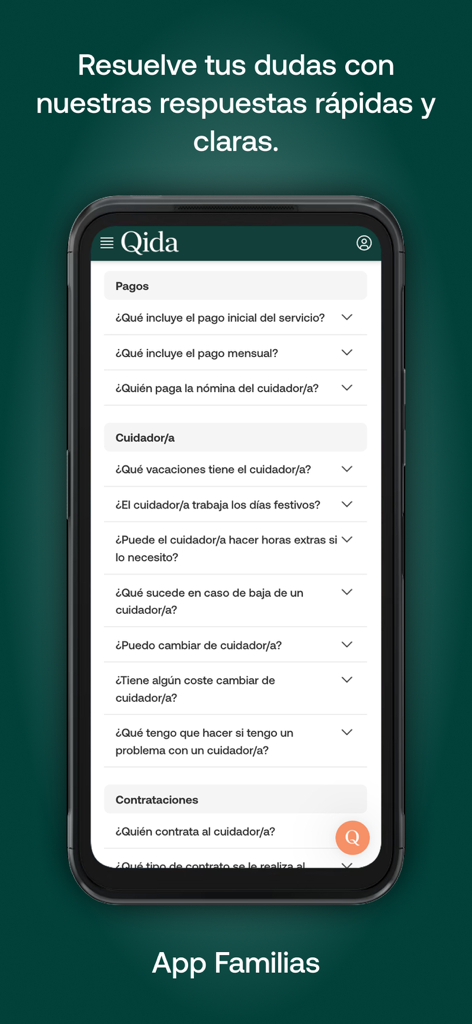 Qida Familias - Sezione FAQ e aiuto dell'app Qida Familias in spagnolo che mostra categorie per pagamenti, caregiver e assunzione.
